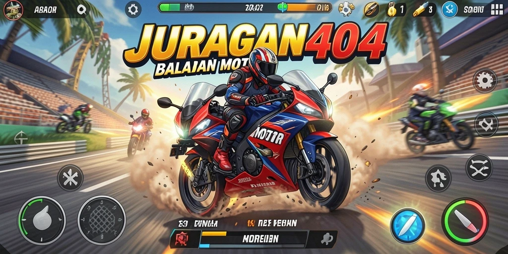 Tampilan gameplay mendebarkan dari JURAGAN404 saat balapan.