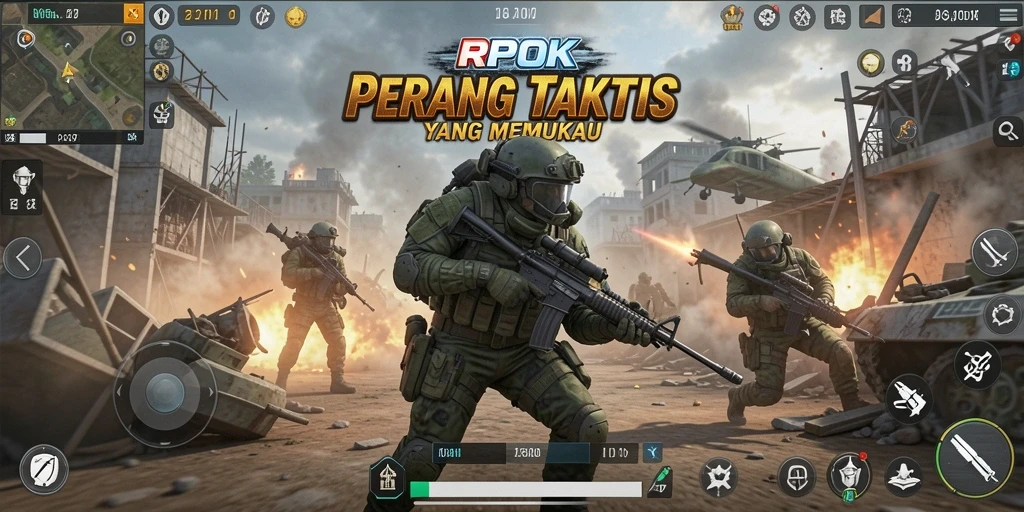 Screenshot gameplay RPOK yang menunjukkan aksi tembak-menembak intens.