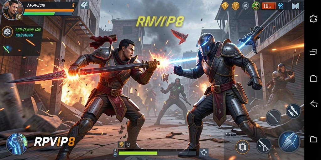 Tangkapan layar utama gameplay RPVIP8 menunjukkan pertarungan yang intens dan penuh aksi.